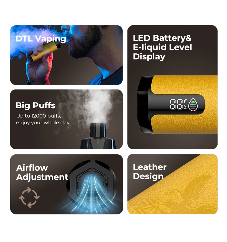 MT12000 Features:
DTL Vaping

Big Puffs
Up to 12000 puffs, enjoy your whole day

LED Battery & E-liquid Level Display

Airflow Adjustable

Leather Design
