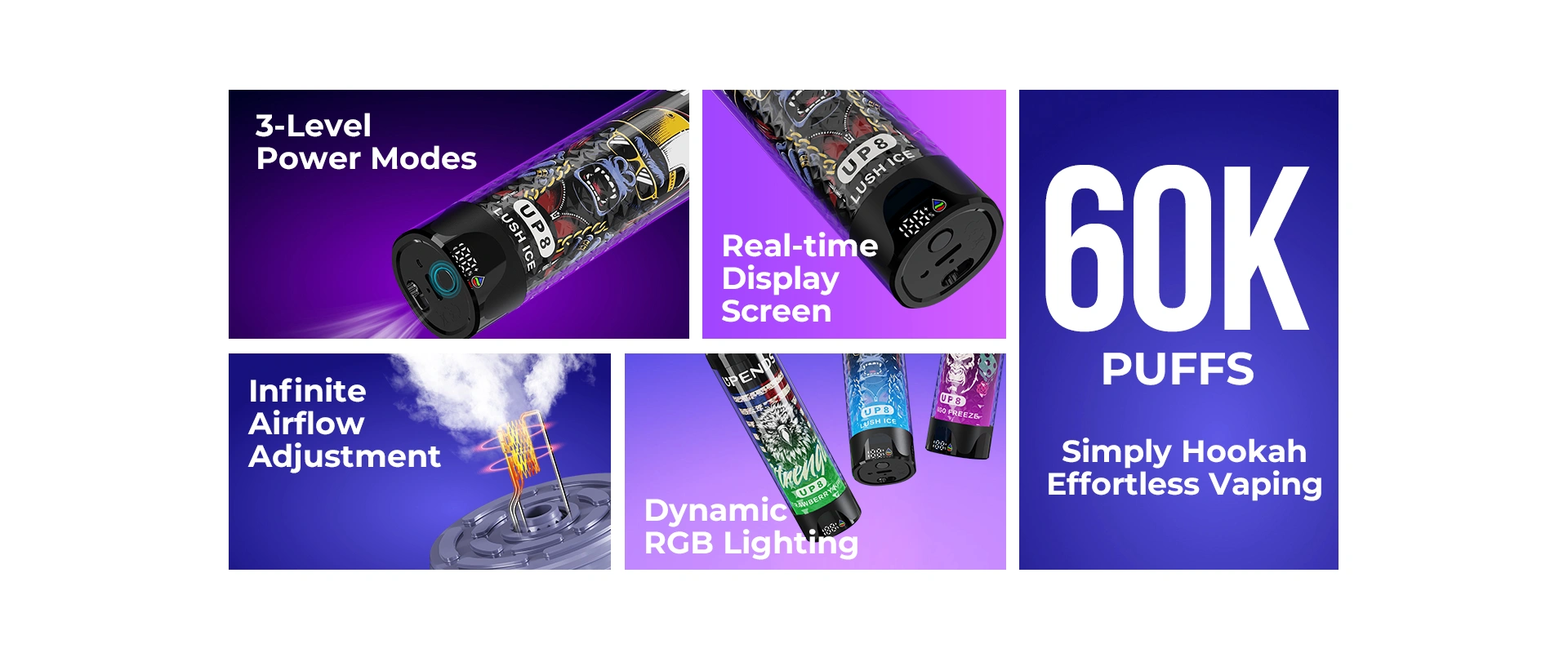 60000 PUFFS - Simply Hookah, Effortless Vaping  - 3-Level Power Modes, Infinite Airflow Adjustment, Real-time Display Screen, Dynamic RGB Lighting